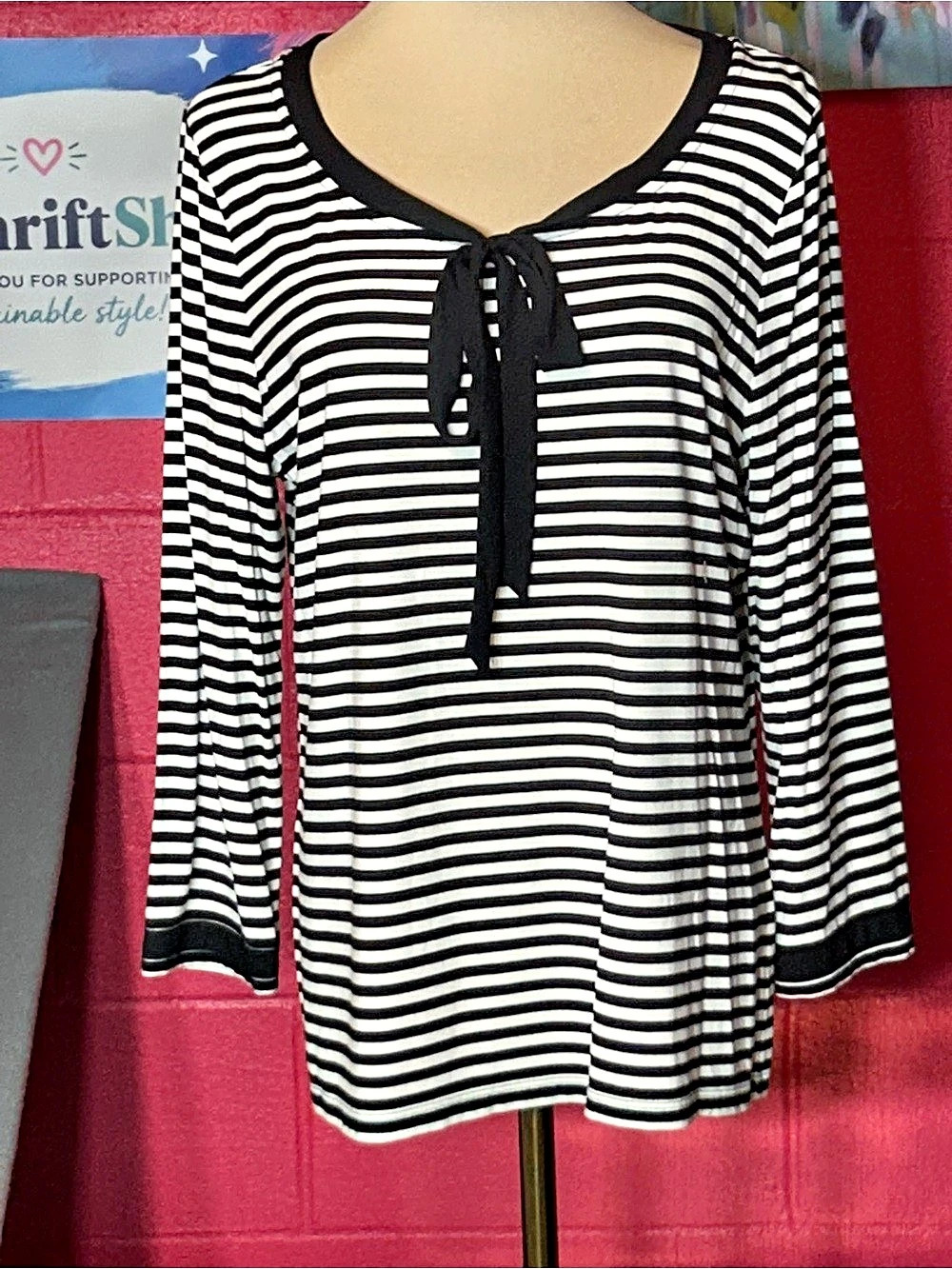 Talbots Tie-Front Top - Camden Stripe Striped Tunic Black & White Large